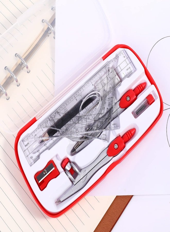Unjoo Math Geometry Kit Sets 10 Piece Student Supplies with Shatterproof Storage Box,Includes Rulers,Protractor,Compass,Eraser,Pencil Sharpener,Lead Refills,Pencil,for Drafting and Drawings（Red） - Image 3